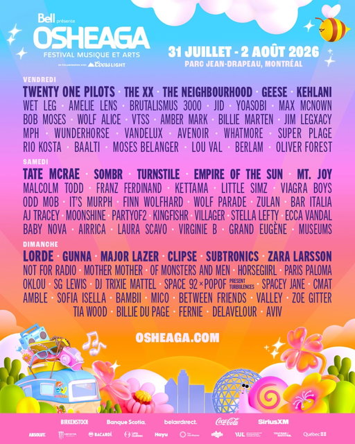 OSHEAGA 2026 🌸🫧
 
Billets 3 jours en vente ce vendredi, 10h 🎫
Inscrivez-vous à notre infolettre pour avoir accès à la prévente 💌 (lien en bio)
 
Courez la chance de gagner *terminé/closed* : 
2 billets OR Casino de Montréal 3 jours @lotoquebec.casinos 
3 nuits au @wmontreal 
200 $ à dépenser en nourriture au festival
2 billets pour un concert OSHEAGA présente
2 passes Week-end illimité @stminfo 
 
Pour participer :
Suivez @osheaga + Aimez + Identifiez votre +1 dans les commentaires 🩵
 
Vous avez jusqu’à jeudi, 10h pour participer !
-
Oh hi 🤭 Here’s your 2026 lineup !!!
 
3-day tickets go on sale this Friday, 10am 🎫
Subscribe to our newsletter to subscribe to get access to our presale 💌 (link in bio)
 
Get a chance to win : 
2 Casino de Montréal GOLD tickets for the 3 days of the festival @lotoquebec.casinos 
3 nights at the @wmontreal 
200$ to spend on food at the festival
2 tickets to an OSHEAGA presents concert
2 Unlimited Weekend passes @stminfo 
 
To participate :
Follow us + Like + Tag your +1 in the comments 🩷
 
You have until Thursday, 10am to enter!
 
Présenté par @bell_francais en collaboration avec @coorslightquebec 
 
🎨 @melissalikessushi