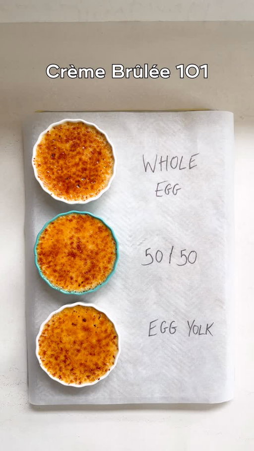 Crème brûlée 101! I absolutely loveeee crème brûlée but there are so many recipes, so I thought it would be interesting to dive into how the balance of eggs makes a difference to the texture. I’ve got a whole section about the science of eggs in my new book The Science of Baking (which you can order now! Link in my bio) so I thought I would put that to use. For me, the higher portion of egg yolks gave me the texture I was after, as it was much smoother and more decadent (thanks to the extra fat!). The ramekin is also important, as you want something that is shallow but wide. Strangely enough I actually find ceramic cat bowls are the perfect size 😂 Full recipe is on my website, hit the link in my bio and grab the book while you’re there too!