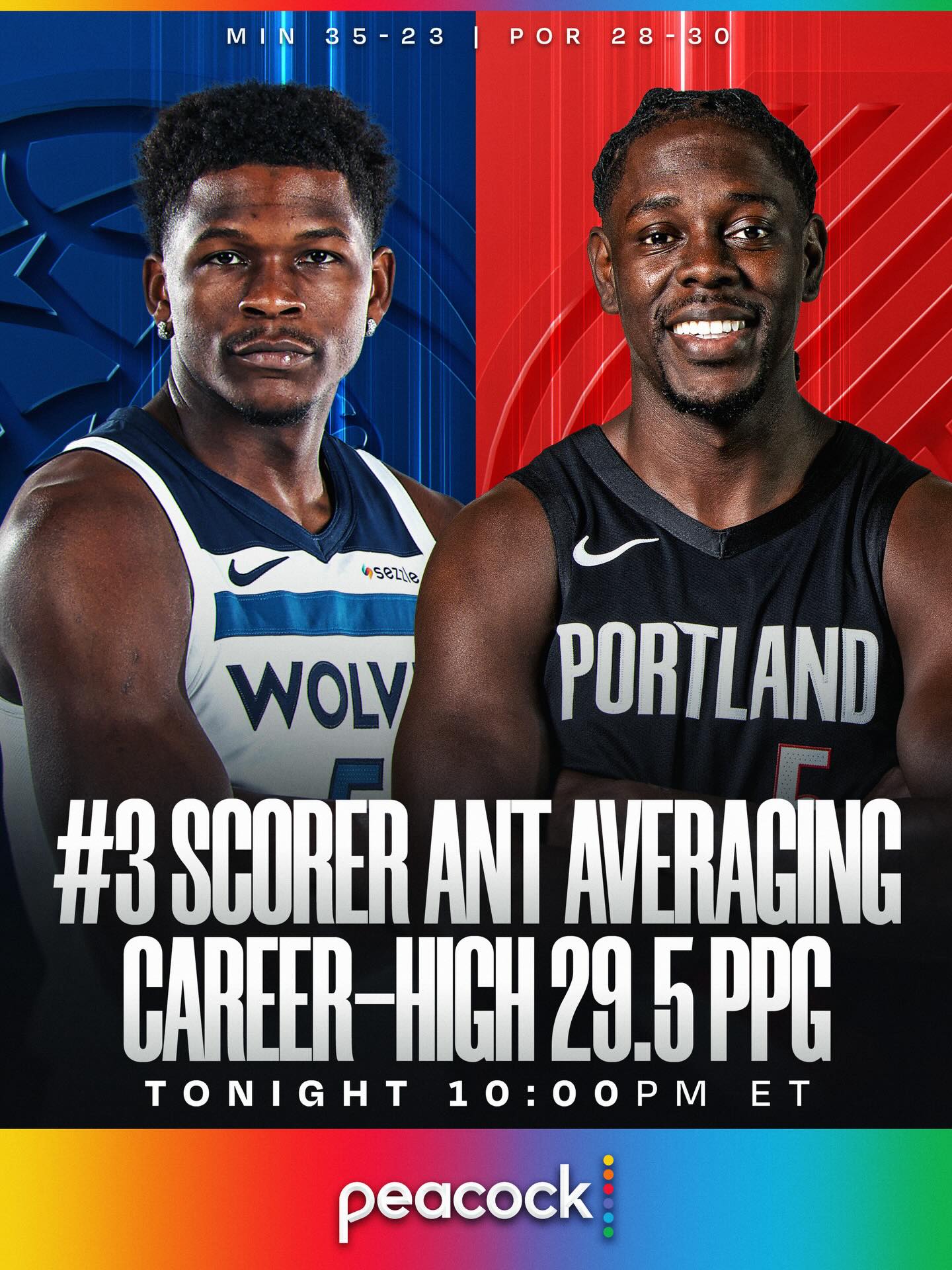 ANT EDWARDS: SCORING MACHINE 🔥 The NBA’s 3rd leading scorer Anthony Edwards (29.5 PPG) leads the @timberwolves into Portland to take on Jrue Holiday and the @trailblazers! 10:00pm/et on @peacock