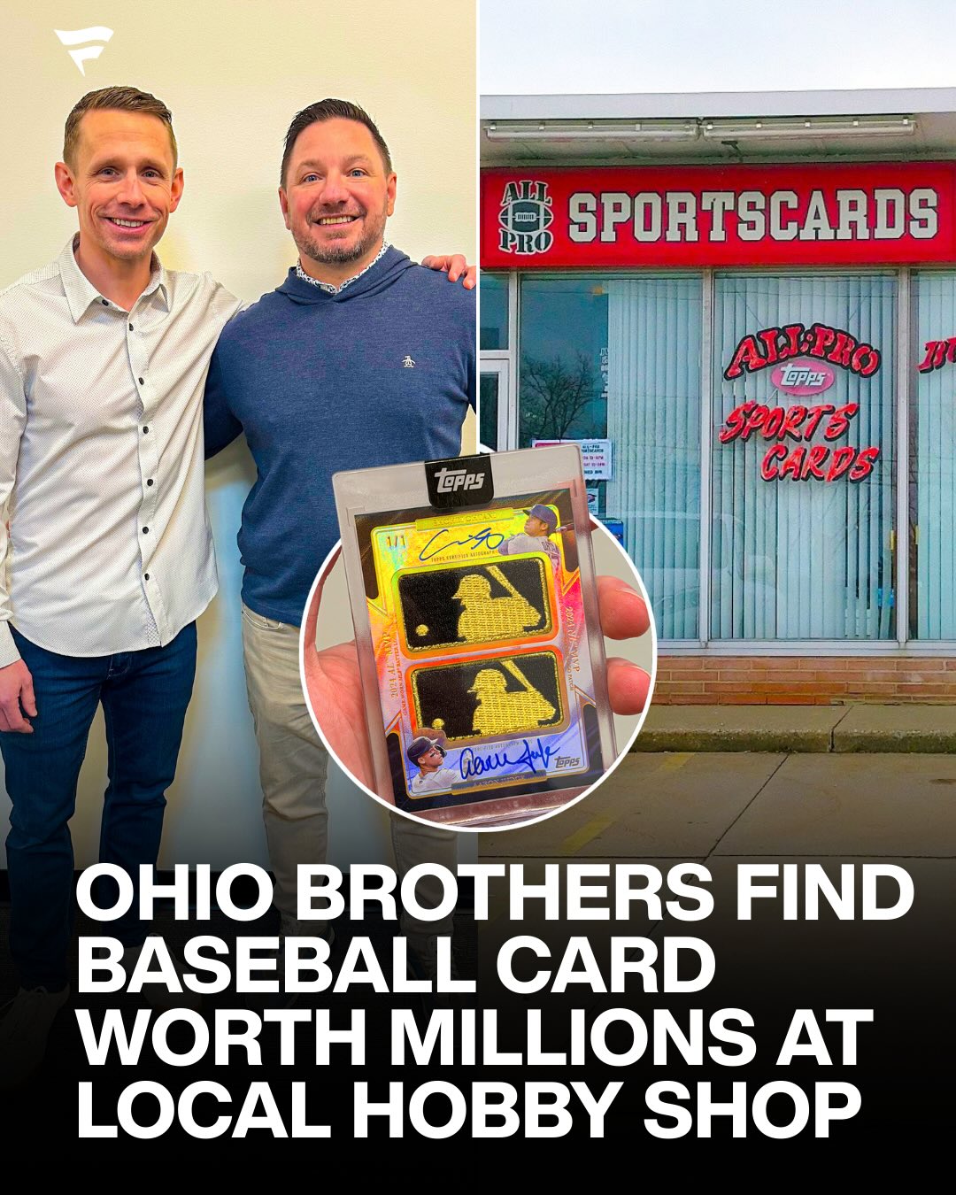 The best card of the year is up for sale 🤯

Matthew and Joe, two brothers and lifelong collectors from Hudson, Ohio, stopped by their local shop All-Pro Sports Cards and picked up four boxes of 2025 Topps Chrome Baseball. They brought them home, turned on a game, and started opening packs at the kitchen table.

In the second box, they found a redemption that changed everything. The 1/1 Shohei Ohtani & Aaron Judge Gold Dual Logoman Autograph.

The only one in the world, featuring gold MLB Logoman patches taken directly from the backs of jerseys worn by both 2024 MVPs.

An ordinary night between two brothers turned into the pull of a lifetime. Now it is headed to the Fanatics Collect March Premier Auction.

How much do YOU think this historic card will sell for? 🤔