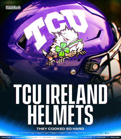 TCU Horned Frogs just dropped helmets for their game in Ireland 🍀

These helmets were worn with a rose for the Rose Bowl back in 2011, and it’s so cool to see them make a comeback in a completely new way 🔥
