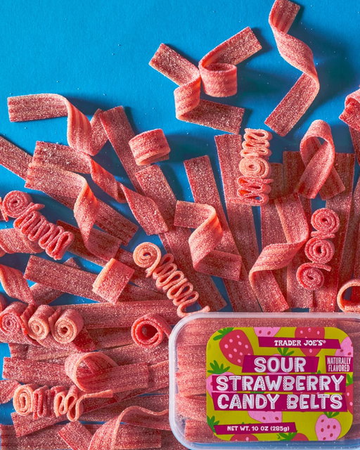 We had wanted to add Sour Belts to our candy lineup for *years* prior to their 2025 debut. Why the wait? We simply couldn’t find a supplier who could produce them to our specifications—and at #TraderJoes, we’ll never compromise product quality for the sake of product availability. 
•
Ultimately, our patience & persistence paid off: we partnered with an expert Turkish supplier who makes Candy Belts of the highest caliber—without artificial flavors or dyes—for a price that presents a real value for our customers! Another notch in our (#SourCandy) Belt, and another win for you!
•
Our long, rosy Sour #StrawberryCandy Belts get their color from fruit & vegetable juices, and their bright, Strawberry taste from natural flavors. Open the tub, and you’ll catch a jammy aroma. Bite into a Belt, and you’ll notice its chewy, sugar-dusted texture… followed closely by its sweet, Strawberry flavor… then its signature, sour “zing!” Fasten your Sour Belts—it’s gonna be a mouth-puckering ride… 😙😆🍓
—
•10 oz. Tub • Product of Turkey • Vegan •