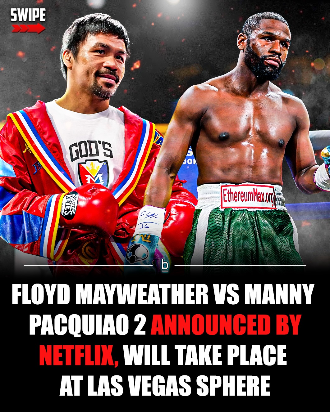 49-year-old Floyd Mayweather and 47-year-old Manny Pacquiao are going to fight again, 11 years after their first fight. 🥊

On Monday, Netflix announced it would host Mayweather vs. Pacquiao 2 at the Las Vegas Sphere later this year. The fight will be a sanctoned as a proffesional fight, and Mayweather’s 50-0 record will be on the line.

Via Netflix:

“Two of the greatest icons in boxing history, Floyd ‘Money’ Mayweather (50-0, 27 KOs) and Manny ‘Pac-Man’ Pacquiao (62-8-3, 39 KOs), will meet in a professional rematch on Saturday, September 19, 2026 at Sphere in Las Vegas.” 🎰

“With Mayweather officially coming out of retirement, this once-in-a-generation event will stream live globally on Netflix to its 325+ million subscribers at no additional cost.” 🔥

🗣️ - “I already fought and beat Manny once. This time will be the same result,” said Mayweather in a press release.

🗣️ - “Floyd and I gave the world what remains the biggest fight in boxing history,” said Pacquiao. The fans have waited long enough—they deserve this rematch, and it will be even bigger now that it’s streaming live globally on Netflix.”

“I want Floyd to live with the one loss on his professional record and always remember who gave it to him. As always, I dedicate this fight to my fellow Filipinos around the world and to bringing glory to the Philippines. 🇵🇭 

Both fighters have tune-up fights scheduled for the spring before their Netflix fight later in the year.

Follow 👉 @brobible for all things “dude” 😎

#boxing #guys #dudes #men