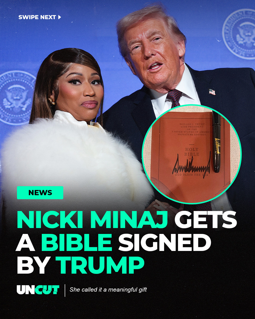 Nicki Minaj received a Bible signed by Donald Trump 😳⁠
⁠
The rapper showed off the autographed Bible on social media, calling it one of the most meaningful gifts she’s ever received. The special edition features Trump’s signature and “God Bless the USA” stamped on the cover, along with a matching signed pen 📖⁠
⁠
What do y’all think⁉️👀