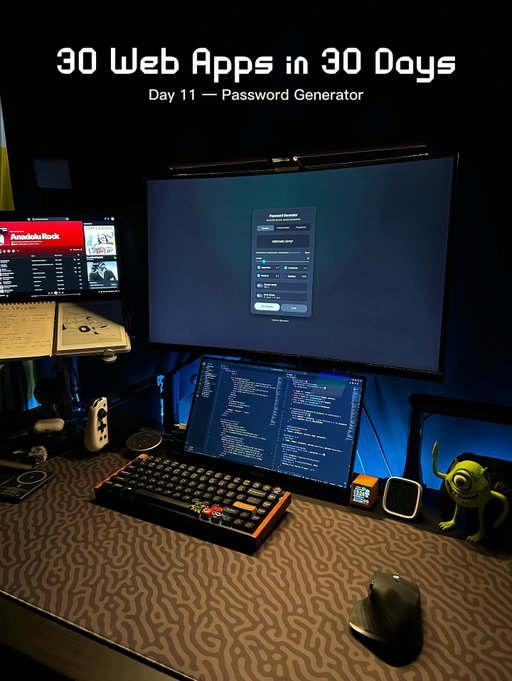 Comment PASSWORD 👇

Day 11/30 — Password Generator 
Part of my 30 Web Apps in 30 Days series.

Generate secure passwords with multiple modes: 
Random, Pronounceable, or Passphrase.

Adjust length, exclude similar characters, guarantee required types. 
Built with crypto-secure randomness. Fully client-side.