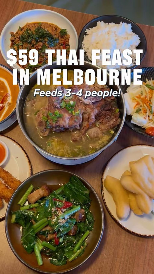 Only $59 for a Thai feast that can feed 3-4 people?! 🤯
This new set meal at Dodee Paidang Box Hill is honestly insane value 🔥

The set includes:
🍲 Spicy pork bone soup
🥬 Crispy pork belly with Chinese broccoli
🍤 Coconut prawns
🥖 Fried bread with pandan custard
🍚 Rice

Other dishes in frame:
🍛 Red duck curry
🍗  Stir-fried minced chicken in chilli & basil sauce
🥗 Som tum thai pu (green papaya salad)

Everything was so yum and the portions were perfect for sharing! Definitely a must visit if you’re looking for good, affordable Thai food in Melbourne ✨

📍Dodee Paidang, 1 Main St, Box Hill VIC 3128 

[invite]

#thaifood #melbournefood #melbournefoodie #melbournethaifood #cheapeatsmelbourne