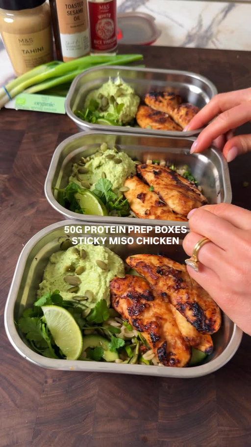 50G PROTEIN STICKY MISO CHICKEN PREP BOXES

AD This is the kind of lunch I like to prep as a nutritionist. These sticky miso chicken prep boxes are high-protein, fibre-rich and designed to prep like a dream. Filled with lots of Eat Well ingredients you can find in M&S Foodhalls by simply looking for the flower on pack.

Makes 3 boxes. 520 kcal & 50g protein 

350g mini chicken breast fillets (M&S)
Miso glaze: 2 tsp white miso, 2 tsp honey, 2 tbsp soy sauce, 2 garlic cloves (minced), 1 tsp grated ginger, 1 tbsp toasted sesame oil

Rice salad: 250g cooked brown rice (cooled), 1 cucumber (deseeded + diced), 4 spring onions (chopped), a large handful of coriander (chopped), soy sauce + rice vinegar to season

Edamame hummus: 160g edamame, 1 tbsp tahini, 2 tbsp Greek yoghurt (M&S), juice of 1 lime & zest, 1 tsp honey, 1 tsp toasted sesame oil, 1/2 garlic clove, 2 spring onions, generous salt + pepper

Mix the miso, honey, soy sauce, garlic, ginger and toasted sesame oil. Season salt and peps. Add the chicken & marinate for 15–20 minutes.

Air fry at 200C or pan-fry over a medium heat, turning regularly, until cooked, sticky and golden. Set aside to cool slightly.

Blend the edamame, tahini, Greek yoghurt, lime juice, honey and spring onions. Season, adjust to taste.

Mix the cooled brown rice with the cucumber, spring onions & coriander. Season with soy sauce & rice vinegar to taste. Divide the rice salad between three containers, top with the sticky miso chicken, add a dollop of edamame hummus and finish with pumpkin seeds.
Store sealed in the fridge for up to 3 days.

#mealprepideas #mealprep