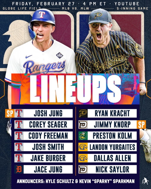 MLB vs. MLW (FULL GAME) dropping this Friday, Feb. 27 on YouTube! ⚾️

A super fun 5-inning exhibition at @globelifefield featuring a loaded cast: 5 players from the @rangers, 1 from the @tigers, and @sparkkyyy_ from @dudeperfect on the mic! 🔥

An incredible time supporting @miracleleaguearlington at MLW & @josh6jung’s Backyard Battle tournament last month.

WHO YA GOT WINNING THE GAME?!

#MLW2026