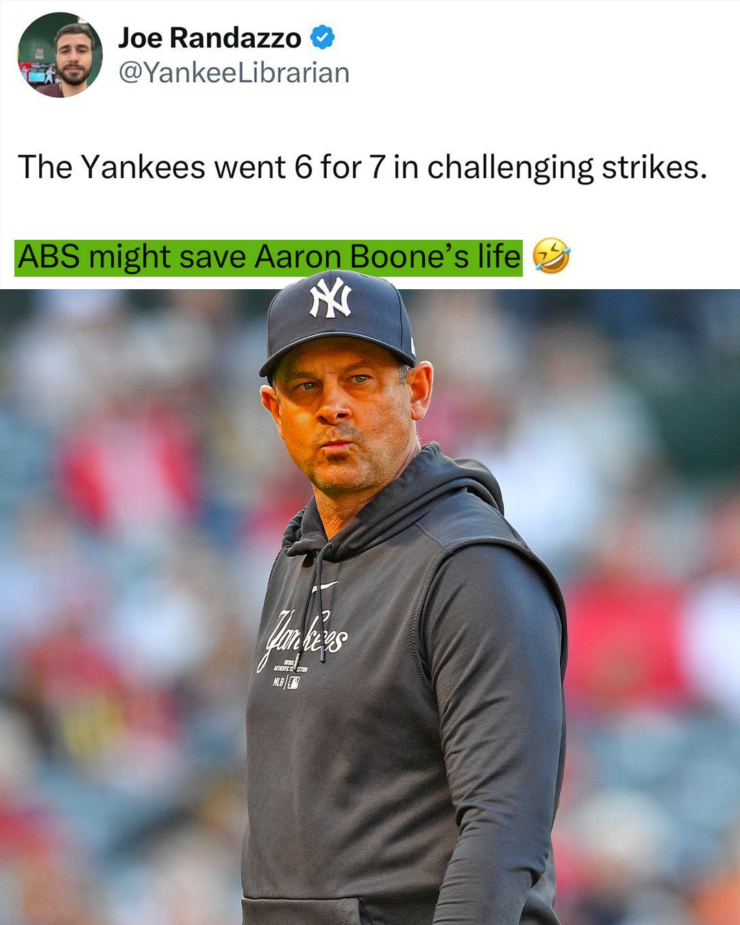 The ABS Challenge System is gonna save Aaron Boone a lot of time and money this season 🤣

(via YankeeLibrarian/X)