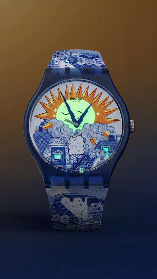 A PROMISE OF SUN is local artist Enzo Pérès-Labourdette’s tribute to Amsterdam. This Swatch Destination Art watch reimagines the city’s iconic canal houses and shifting skies, complete with glow-in-the-dark details and a playful calendar wheel that moves from rain to rainbows to shooting stars and more. Available from today in selected Swatch stores in Amsterdam! 
#SwatchDestinationArt #Amsterdam