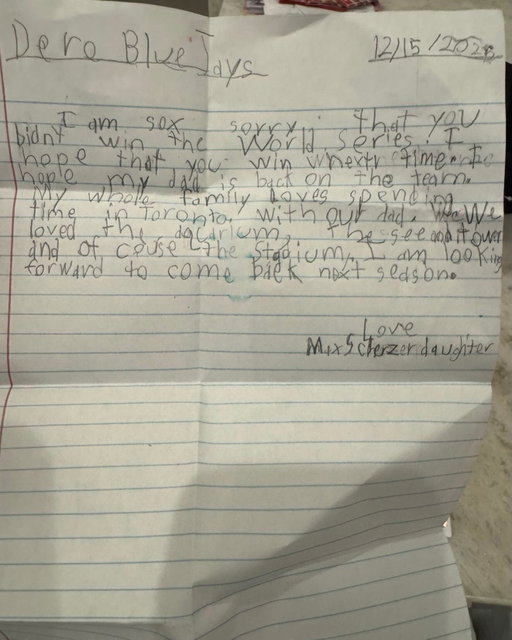 Back in December Brooke wrote this letter, put it in an envelope and asked us to mail it to the Blue Jays. Looks like she gets her wish! ☺️ Last season had an amazing impact on our entire family and we couldn’t be more excited to be back in Toronto!! Season 19 here we go! 💙

“Dear Blue Jays,
I am so sorry that you didn’t win the World Series. I hope that you win next time. I hope my dad is back on the team. My whole family loves spending time in Toronto with our dad. We loved the aquarium, CN Tower and of course, the stadium. I am looking forward to coming back next season.
Love,
Max Scherzer’s daughter”