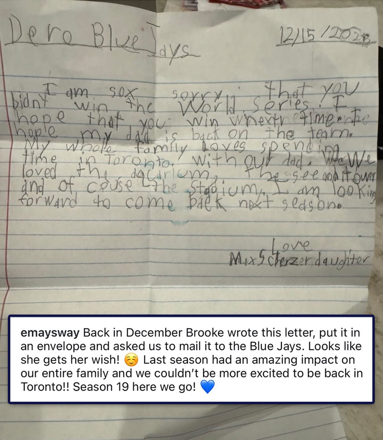 Max Scherzer’s eight-year-old daughter wrote a letter to the Blue Jays in December saying she hopes her dad is back on the team in 2026