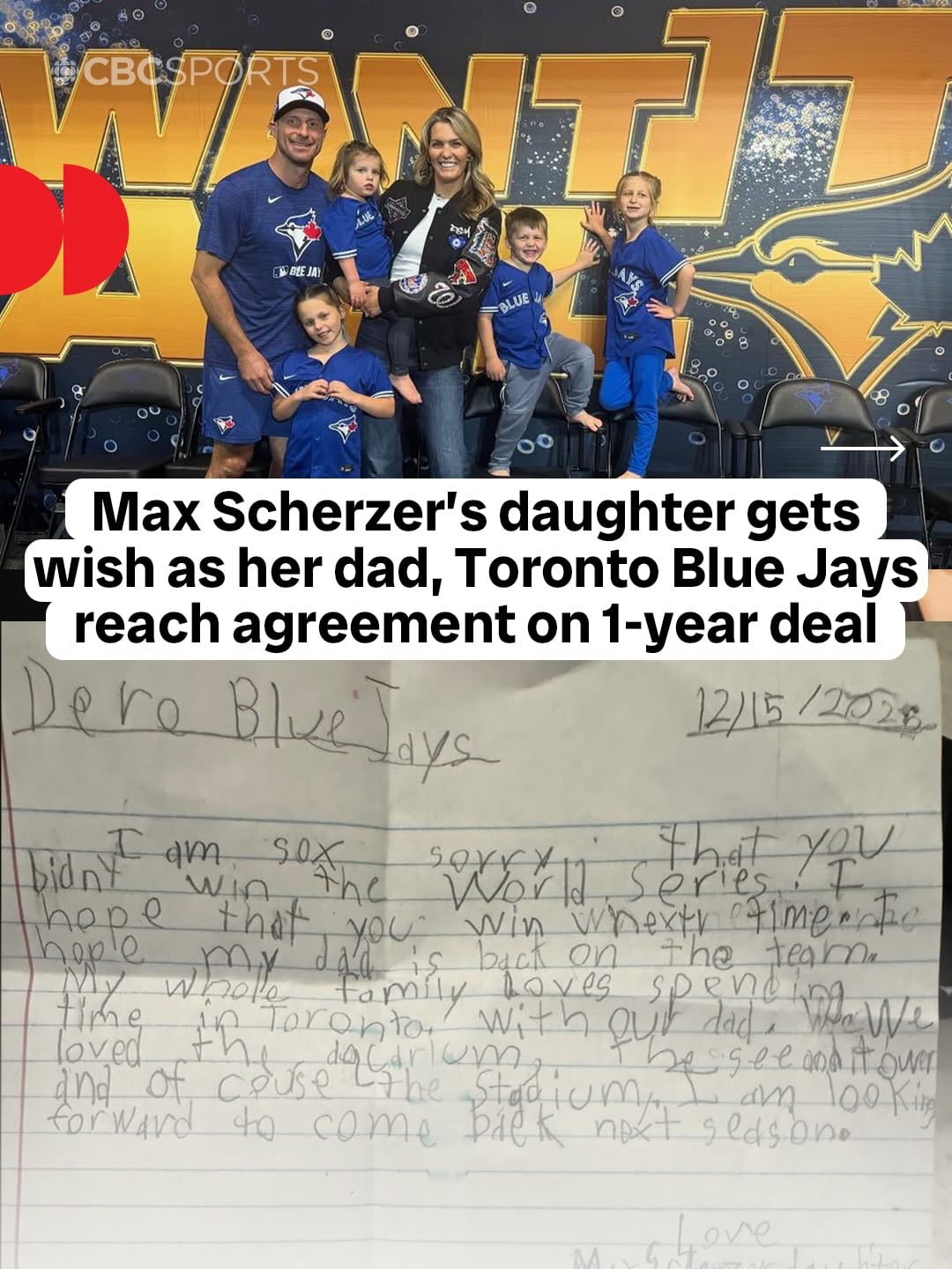 How cute is this? 🥹🇨🇦⚾️

Letter reads: “Dear Blue Jays,
I am so sorry that you didn’t win the World Series. I hope that you win next time. I hope my dad is back on the team. My whole family loves spending time in Toronto with our dad. We loved the aquarium, CN Tower and of course, the stadium. I am looking forward to coming back next season.
Love,
Max Scherzer’s daughter”

Via @emaysway