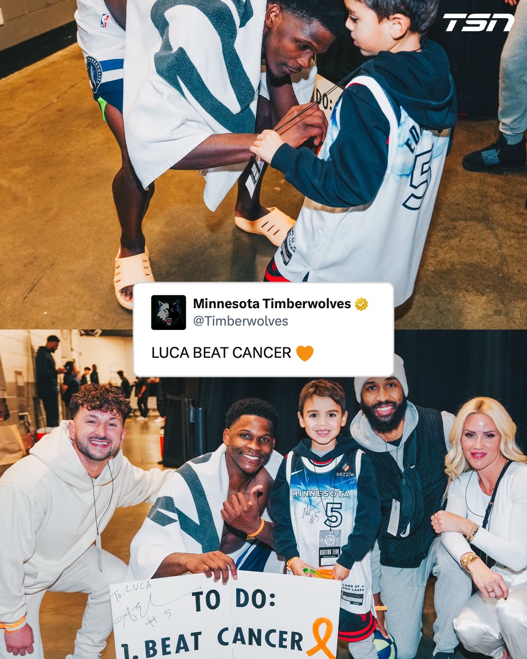 Luca, who was the young fan that got to meet Anthony Edwards and give him the orange bracelet that wear in every single game, has officially beaten cancer. 🥹

📸: @timberwolves
