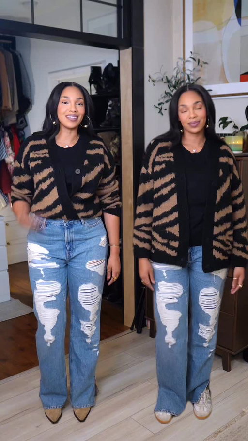 Same body. Same jeans. Same Cardigan. Different silhouette. 

The first look, volume sits everywhere unintentionally. Your eyes move horizontally, so my body reads wider and shorter. 

The second look I went with a defined waist + wide leg silhouette. By shortening the cardigan & adding a pointed toe for length I regained every inch of my 5ft 6 frame and lost maybe 20lbs?! Crazy right? 

Nothing about my body changed, the proportions did! And you don’t fix those by constantly hiding or overly cinching, you fix them with your silhouette strategy. Let me know if that helped! 

DETAILS
Cardi: @nakdfashion 
Tank: @zara 
Jean: Khloe Jean @goodamerican 
Shoe: @shopakira 
Frames: @12pmstudios 
Bag: @amazonfashion