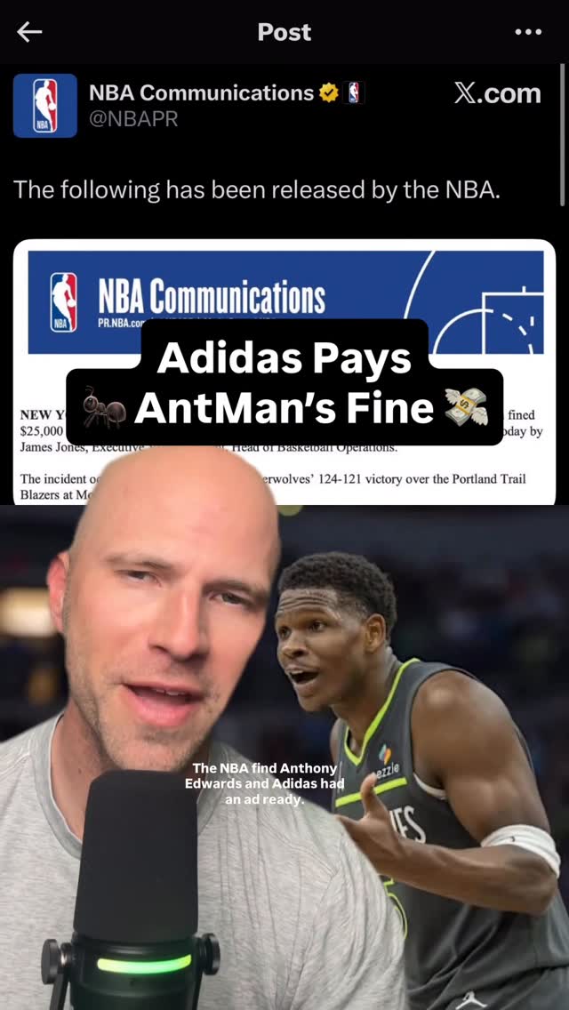 Anthony Edwards gets fined, Adidas picks up the tab & drops an ad 🤌🏼
But, they prepared and anticipated this so they’d be ready for the Reaction! This is where the magic happens in Sports Marketing. Customers are surprised & impressed, but the team did a lot of work to get ready for it. Well done! 
Comment “more” & I’ll send you that framework! 👊🏼