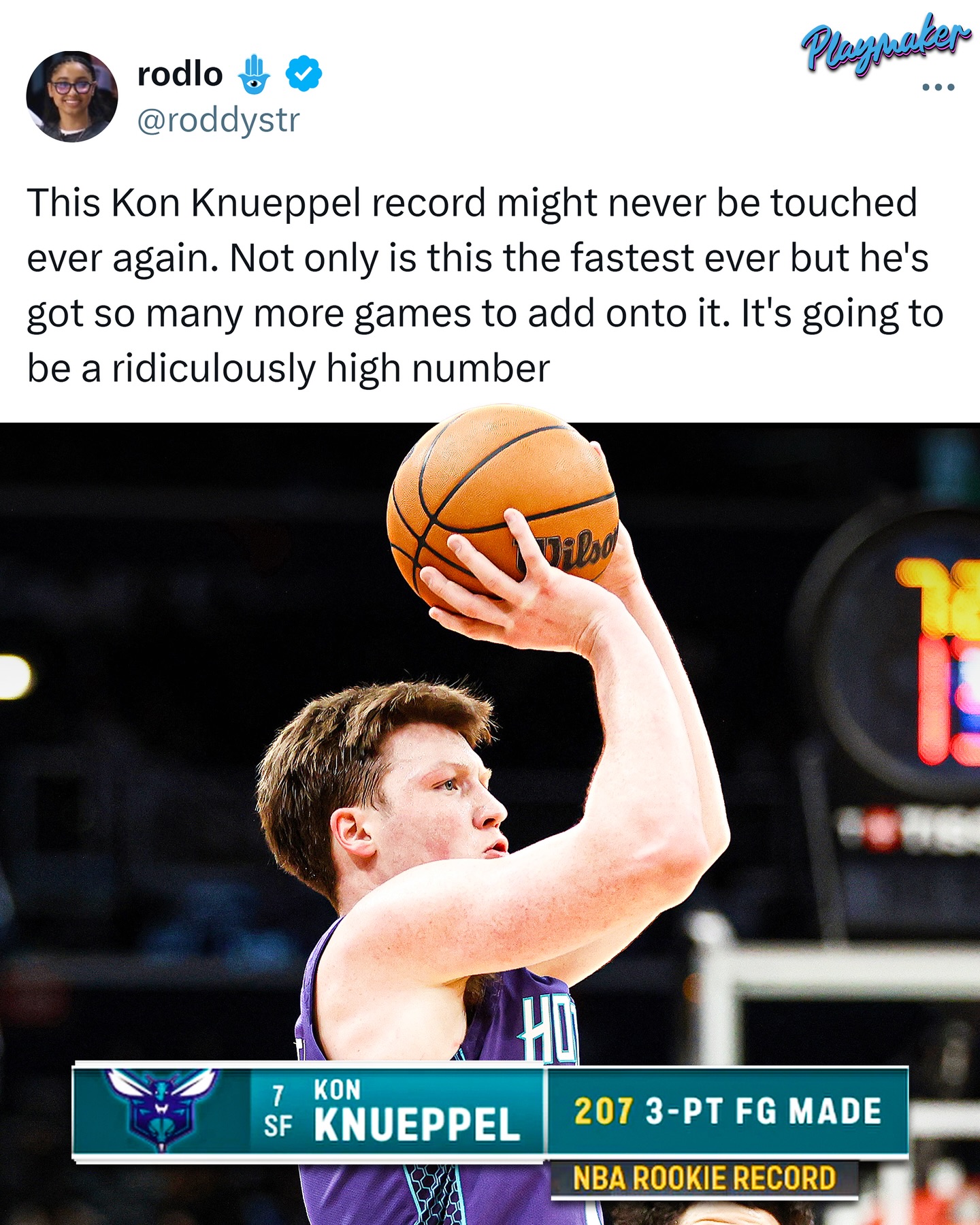 Kon Knueppel has broken the NBA rookie record for threes made in a season with 207 and counting… he still has 22 games left 🤯