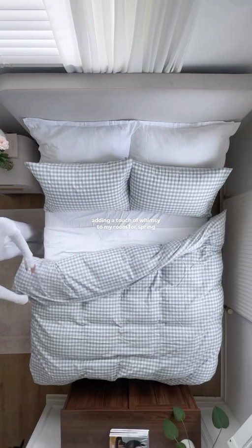 Adding whimsy to my room with gingham bedding🕊️🧺

#beddingreset #whimsicalroom #freshsheets #newsheets #ginghambedding

duvet cover: @dunelmuk @dunelm_insiders 
white sheets: @christy_home 
bed frame: @dusk.com