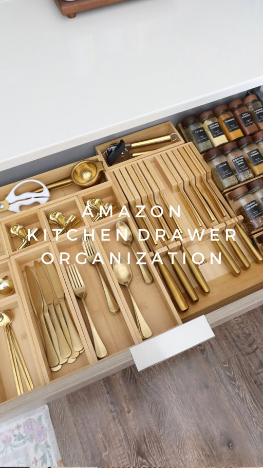 Amazon kitchen drawer organization 🍴
Comment ‘organizer’ if you want the 🔗 to everything I used

#amazon #organization #home #asmr #aesthetic 
amazon must haves, kitchen favorites, gold kitchen, organizers, satisfying reels, asmr sounds, spice rack