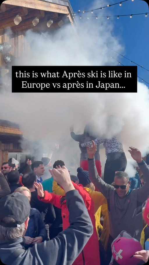 Which one is your vibe?? Japan or Europe? For me, it’s Japan for the food and Europe for the energy and views ❤️‍🔥 #aprésski #apresskiparty #snowmachine #valthorens #skijapan