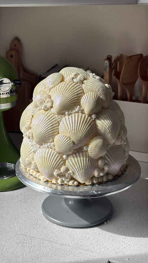 A white chocolate seashell cake 🐚✨

Layered with blueberry whipped cream and a vanilla Swiss meringue buttercream.. recipe is on my substack!

#cakedesign #cakesofinstagram #cakestagram #seashell