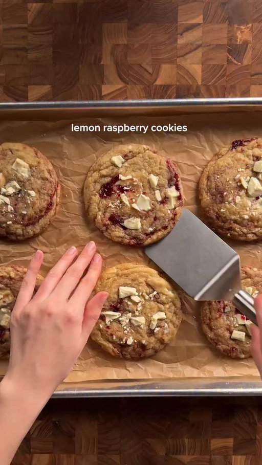 lemon raspberry cookies
1 cup (226g) unsalted butter, soft
3/4 cup (150g) light brown sugar
1/3 cup (95g) white sugar
1 egg + 1 yolk
1 tbsp (15g) fresh lemon juice
2 tbsp lemon zest (2–3 lemons)
2 tsp (8g) vanilla extract
2 2/3 (320g) ap flour
3/4 tsp (4g) salt
1/2 tsp (3g) baking soda
1/2 tsp (3g) baking powder
1/2 cup (85g) white chocolate chips
1/2 cup (120g) raspberry preserves/jam
*cream together the butter and sugars, then mix in the eggs well. mix in the lemon juice, lemon zest, and vanilla. in another bowl whisk together the flour, salt, and baking soda. add the dry to the wet and fold until its just combined. mix in the white chocolate chips. chill in the fridge about 1-2 hrs. then add dallops of the raspberry jam and gently fold a couple times. do not overmix unless you want pink cookies. scoop and bake at 350 for 9-11 min.