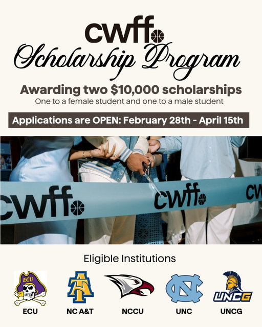 We are excited to announce that the CWFF Scholarship Program is officially LIVE and now accepting applications! Through the Coby White Family Foundation, we are proud to award two $10,000 scholarships — one to a female student and one to a male student — investing in the next generation of Black and Brown leaders. 🎓

Applicants must identify as a Black or Brown student and be a rising freshman fully accepted for Fall 2026 at one of the following five institutions:

• East Carolina University - @eastcarolinauniv  • North Carolina A&T State University - @ncatsuaggies  • North Carolina Central University - @nccueagle  • University of North Carolina at Chapel Hill - @uncchapelhill  • University of North Carolina at Greensboro - @uncg 

Click the link in our bio to apply — applications close April 15th!

#cwff #cobywhitefamilyfoundation #northcarolina #scholarship
