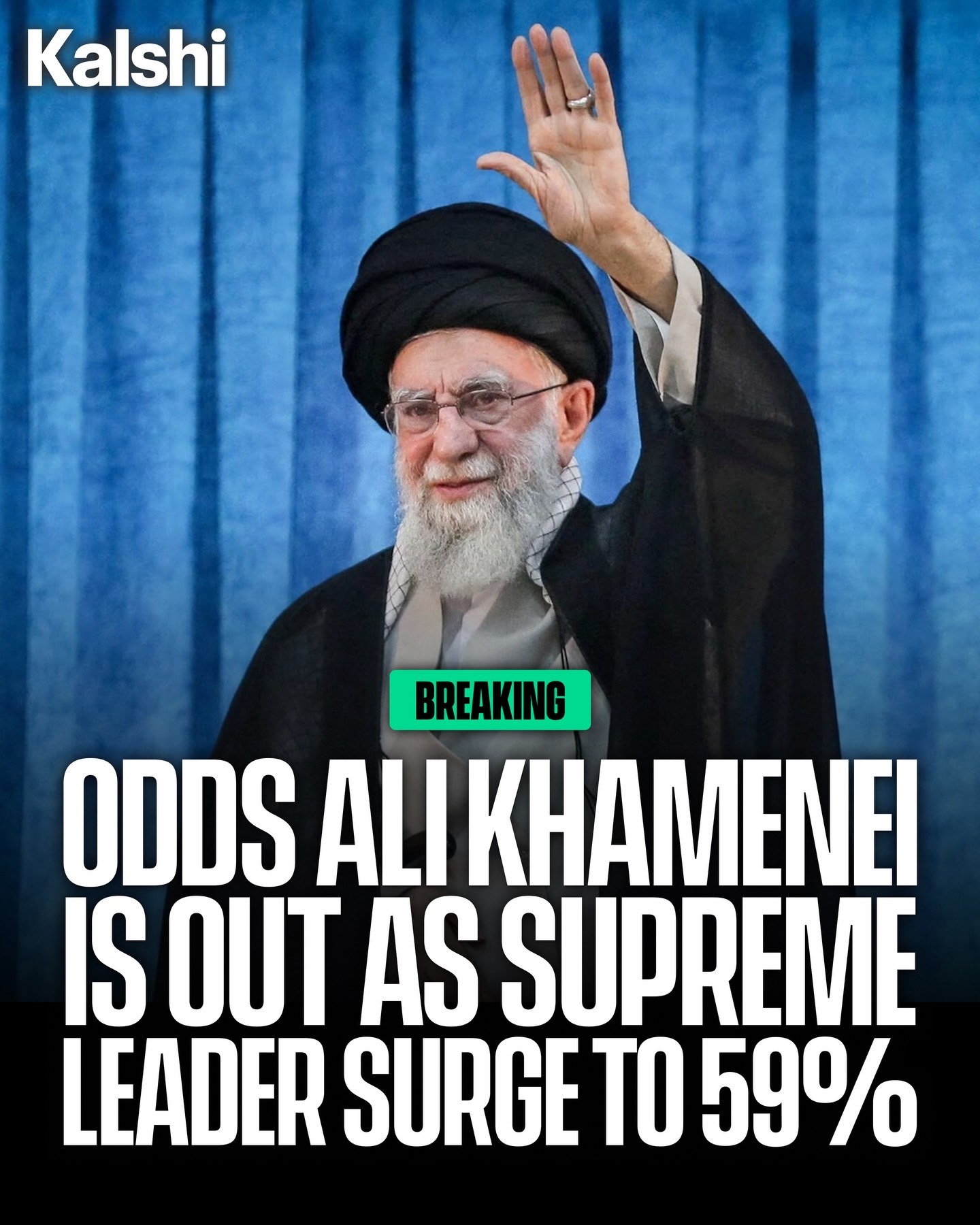Following the US-Israel strikes on Iran, the odds that Ali Khamenei is out as Supreme Leader have jumped to 59%.

Important information: If Ali Khamenei dies, the market will resolve upon the confirmed reporting of the death, based on the last traded price prior to death. If that price is unclear, the Outcome Review Committee will determine a fair market value.

(Please note: A prior version of this clarification was grammatically ambiguous. As a customer service measure, Kalshi will reimburse lost value due to trades made between these clarifications).