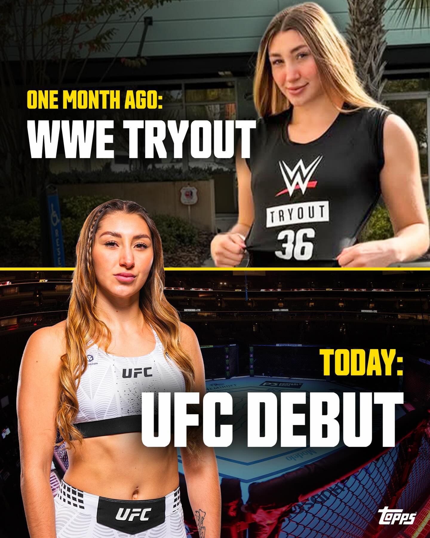Regina “Kill Bill” Tarin is making her UFC debut on just THREE days notice 🤯 One month ago, she tried out for WWE. Today, she steps into the UFC octagon for the very first time 💪 Undefeated at 7–0 and just 21 years old, Regina Tarin is currently the No. 1 women’s pound-for-pound fighter in all of Mexico 🇲🇽🔥 This is going to be special 🍿

Regina will be wearing a debut patch on her gear that will later go into a 1-of-1 autograph card 🔥