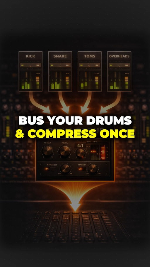 If your drums sound great in solo but feel weak in the full mix, you're compressing each piece individually. That gives you control, not glue. Bus everything to a drum group. Compress the group. Medium attack, 4:1, 3-4dB reduction. The whole kit starts to hit as one unit.  #MixingTips #Drums #MusicProduction #AudioEngineering #StudioTips