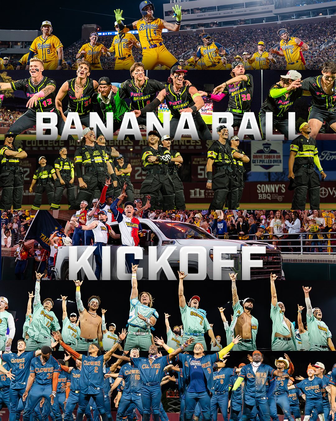 Tallahassee, you were incredible🙌 Thank you for making the first ever Banana Ball Kickoff one to remember. From back-to-back sold out nights at Dick Howser Stadium to 60,000 fans at Doak S. Campbell, you all brought the energy and we couldn’t have imagined a better way to kick off the 2026 Banana Ball World Tour.
 
The Firefighters brought the heat on Thursday with actual flames on the field and THREE home runs from three powerhouse players🔥  Throughout the night the crowd turned Loco with the Coconuts debut and first ever win🥥
 
Friday brought out the wildest, craziest, most outrageous group of animals you’ve ever laid your eyes on and they turned Tallahassee pink with bracelets that lit up the stadium🩷 History was made when the newly revived Indianapolis Clowns played their first game since 1989, brought back the tricks, the good vibes, AND won their inaugural Banana Ball game.
 
Last but not least, Doak S. Campbell filled up with 60,000 strong on Saturday for a match up between the Savannah Bananas and Texas Tailgaters. The Tailgaters were back in the saddle of the season with three home runs and dances that made the crowd go crazy🤠 The Bananas pushed it to the limit with performances and ended the night with fireworks and a win🤝
 
Thank you FSU for a weekend we won’t forget!