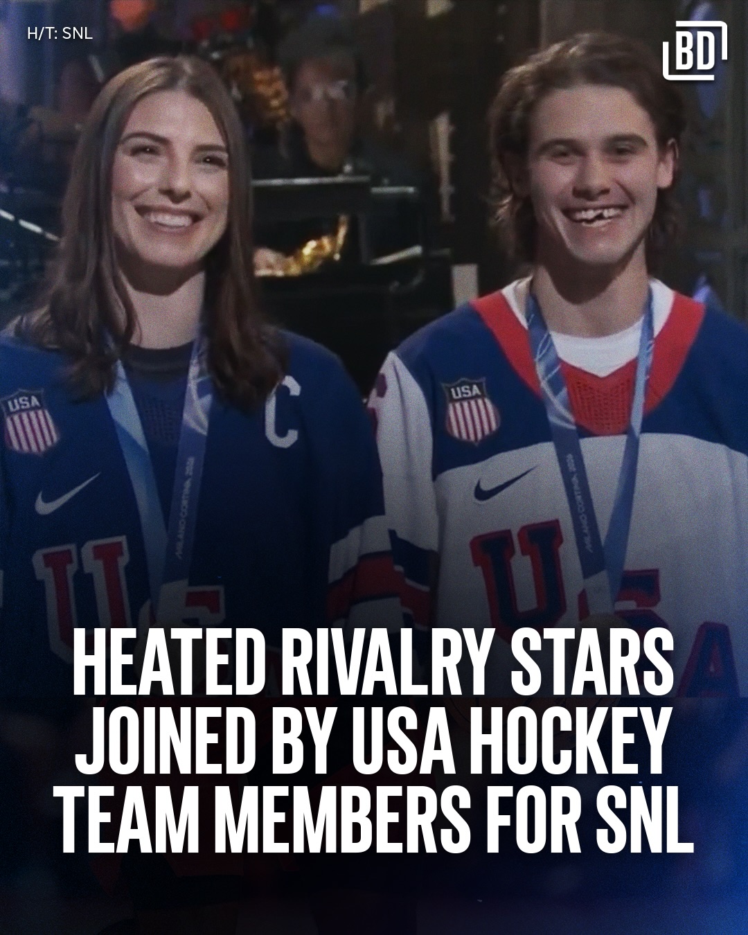Jack and Quinn Hughes took the stage with Hilary Knight and Megan Keller during a monologue from Heated Rivalry’s Connor Storrie, trading jokes throughout.