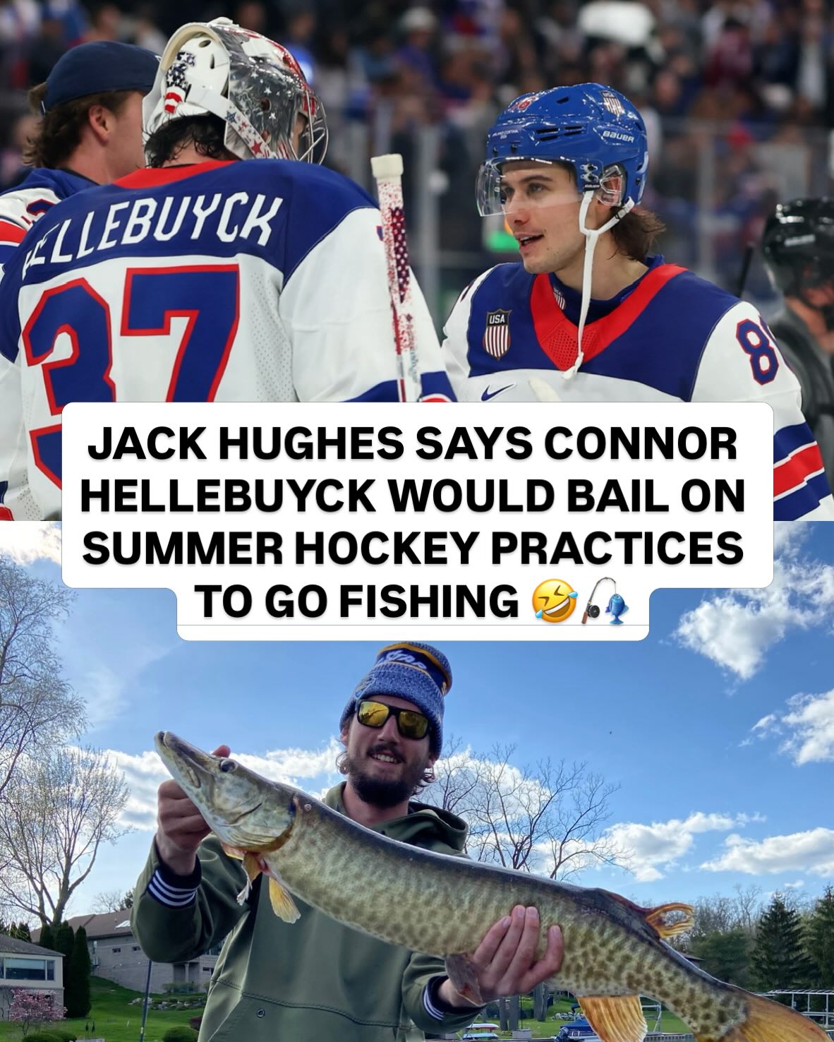 On ‘The Pat McAfee Show,’ Jack Hughes said he trains with Connor Hellebuyck during the summer and admitted that Hellebuyck occasionally skips workouts to go fishing 😂🎣

The two Team USA stars play on different NHL teams, but they live on the same lake, which is why they train together in the summer