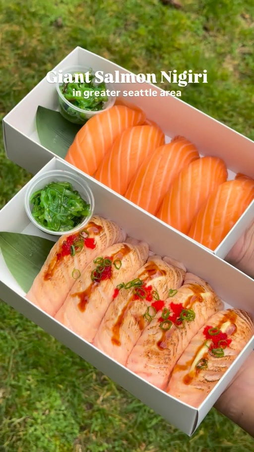 Meet the Titanic Salmon Nigiri, not your average sushi. It’s oversized, incredibly buttery, and melts in your mouth with every bite.

🍣 Titanic Salmon Nigiri ($19.95)
🔥 Titanic Aburi Salmon Nigiri ($21.95)

This is takeout only and I’d recommend ordering online to avoid waiting. They have multiple locations: Seattle, Lynnwood, Kent, Tacoma, Bremerton, Burlington, Kelso, and Oregon City!
