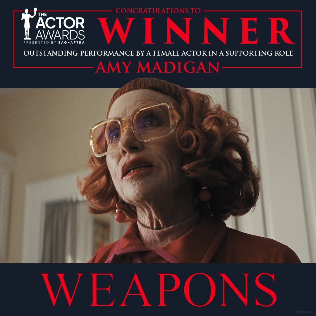 Thank you to @sagaftra for honoring Amy Madigan and her career-defining performance as Aunt Gladys in “Weapons” with the Actor Award for Outstanding Performance by a Female Actor in a Supporting Role at the 32nd Annual Actor Awards!

@actorawards | #ActorAwards