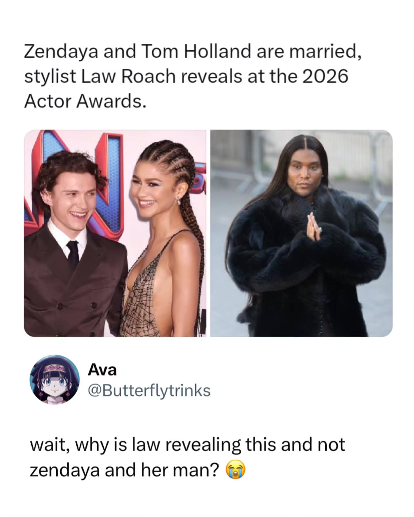 So happy for them 🥹

Stylist Law Roach Claims Tom Holland and Zendaya Are Married

Law Roach, Zendaya's longtime stylist, told Access Hollywood Sunday night in Los Angeles that Tom Holland and Zendaya are already married, laughing off wedding questions and insisting it's true. The couple, who met on the 2016 Spider-Man: Homecoming set and went Instagram official in 2021, have kept things low-key amid engagement rumors from last year's Golden Globes ring and Holland's father's proposal hint. Fans lit up with joy, reminiscing over their journey from co-stars to 'Tomdaya,' while rewatching iconic scenes-though neither star has confirmed yet ahead of their Spider-Man: Brand New Day reunion.

Like this content? Follow us for more @Memezar ❤️