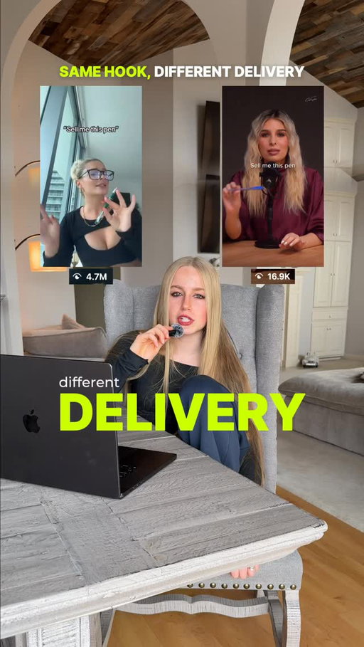 Same Hook, Different Delivery. 

Want 1,000 viral hooks, taken from viral videos that I templatized to use in your content?