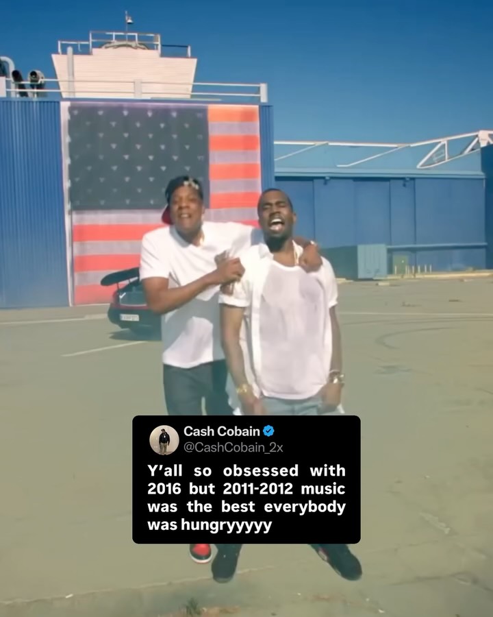 Y’all think Cash Cobain is onto something⁉️🤔

Otis - Jay-Z & Ye
Peso - A$AP Rocky
Headlines - Drake
Swim Good - Frank Ocean
Rigamortis - Kendrick Lamar
Turn on the Lights - Future
Drank in my Cup - Kirko Bangz
Wicked Games - The Weeknd
Work Out - J. Cole
Donald Trump - Mac Miller
Yonkers - Tyler, The Creator
Marvin & Chardonnay- Big Sean
All Gold Everything - Trinidad James
We Found Love - Rihanna
Mercy - Ye
The Motto - Drake & Lil Wayne
Heartbeat - Childish Gambino
Beez in the Trap - Nicki Minaj
On My Level - Wiz Khalifa
Love Sosa - Chief Keef