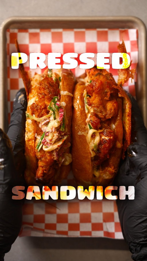 do i have your permission to smash ? reply “smash” and ill send you this recipe for pressed korean fried chicken grilled cheese sandwich. cause bigger sandwiches should be wider not higher.