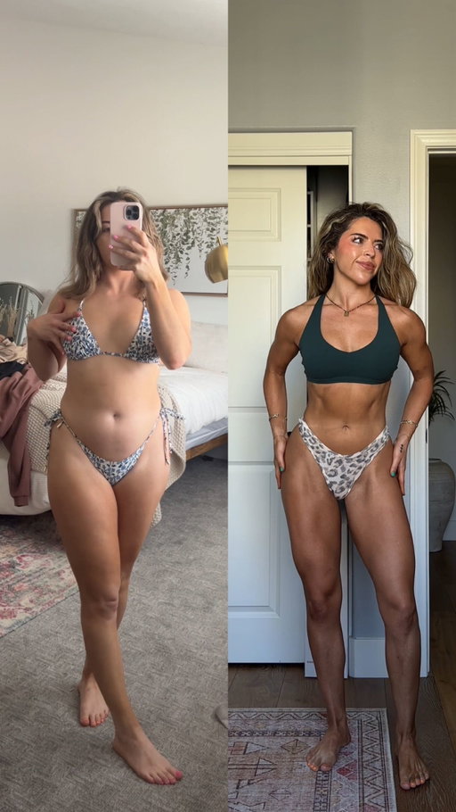 The girl I didn’t recognize in the mirror wasn’t someone I didn’t love.

That season came after a lot of internal healing, when I had finally separated my worth from my body. I knew that if I wanted to feel strong and confident again, I couldn’t rush it or punish myself. I had to meet myself exactly where I was.

That took courage. It took patience. It took discipline.

I had to unlearn old habits that once “worked,” give myself more time than I was comfortable with, and choose to rebuild in a way that was sustainable.

And that’s how I found my way back to feeling my absolute best ❤️ about 2.5 years between the two