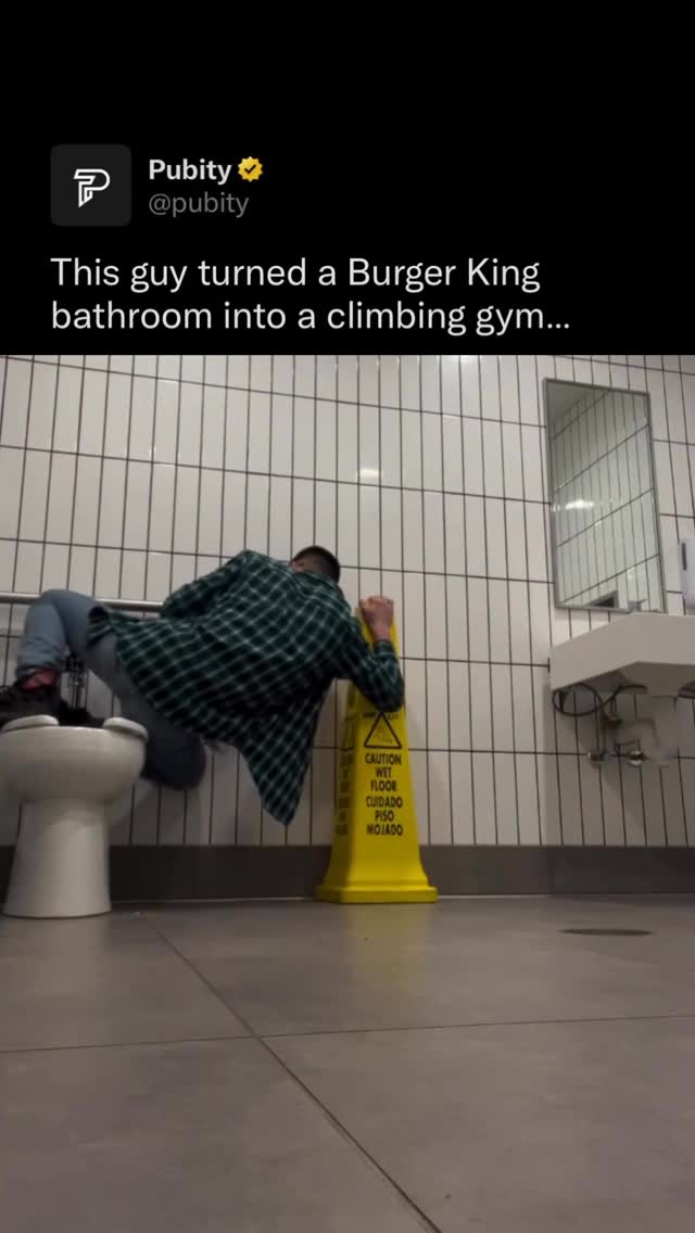 😂

Rock climbing grades range from V0 (beginner) to V17 (nearly impossible), and this Burger King bathroom traverse is apparently sitting at a solid V5, which in the climbing world is considered intermediate. The fact that he’s documenting failed attempts with proper grading suggests this man has put genuine thought into the beta for getting from toilet to sink without touching the floor.

Respect the commitment.

(Via @connor__mcavinew)

#funny #viral