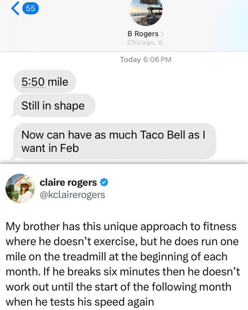 Brendan’s got this whole fitness thing figured out. 💯😂

(Via @kclairerogers )