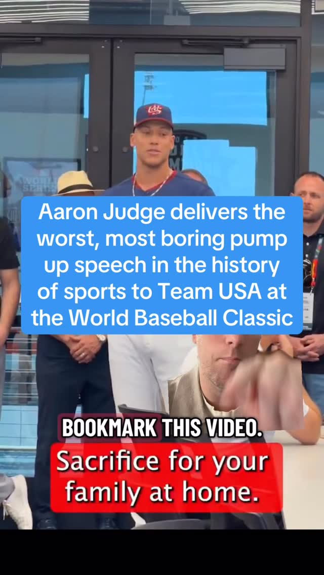 Aaron Judge delivers the worst, most boring pump up speech in the history of sports to Team USA at the World Baseball Classic. Judge got the enthusiasm of deflated balloon. Got me ready to lightly jog through a wet paper bag! One of the greatest hitters of all time, decidedly NOT a rah rah guy