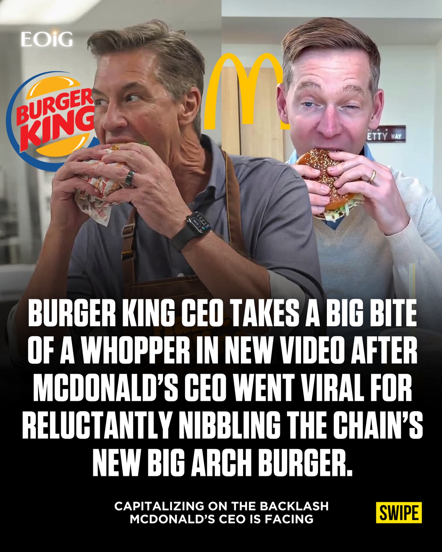 Burger King President Tom Curtis took a big bite of a Whopper in a new video after McDonald’s CEO Chris Kempczinski went viral for cautiously nibbling the chain’s Big Arch Burger.

Follow us (@entrepreneursonig) for everything related to entrepreneurs