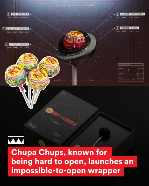 @chupachupsuk might be hardest lollipops in the world to open 🍭

For over a decade, the internet joked that no one could open a Chupa Chups. Rather than quietly fixing it, they returned to the original threads and joined the conversation.

To launch their new easy-open packaging, they hid it inside their hardest-to-open lollipop ever.

They introduced Chupa Chups Impossible; a limited edition with deliberately over-engineered, human-proof packaging, concealing the new easy-open wrapper inside.

New from @bbhlondon 

#chupachups #lollipops