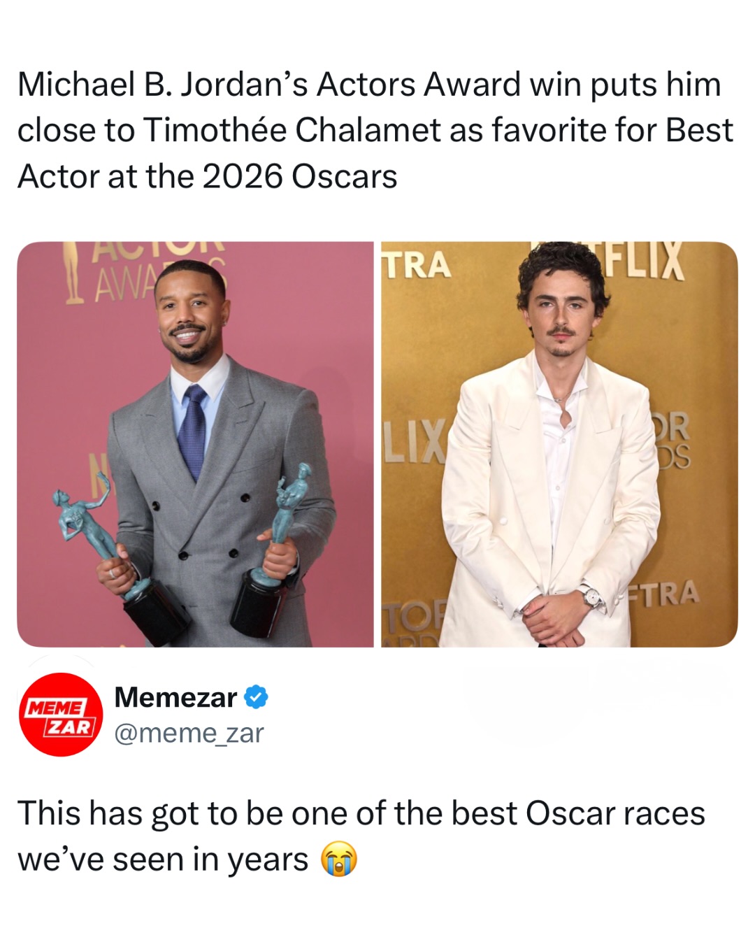 Michael B. Jordan just picked up the top film acting prize at the 2026 Actor Awards, winning Outstanding Performance by a Male Actor in a Leading Role for his dual role in “Sinners”.

That win has tightened the Best Actor race for the 2026 Oscars, where Timothée Chalamet has been the early favorite for “Marty Supreme”.

On @Polymarket right now, Chalamet is sitting at 46% and Jordan is close behind at 39.7%, with Leonardo DiCaprio at 7% and Wagner Moura at 6.3%.

#Memezar #Viral #Film #PolymarketPartner #Oscars