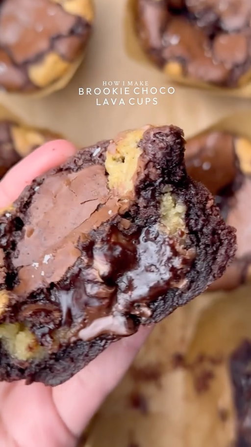 Irresistible chocolate lava Brookie cups🤤 crinkled top, crispy corners and gooey center, exactly how it should be 💯 🤎

Ingredients
FOR BROWNIES:
•170g butter 
•250g white sugar 
•100g light brown sugar 
•3 eggs at room temp
•70g melted dark chocolate 
•65g cocoa powder 
•1 tsp vanilla extract 
•1/2 tsp salt 
•90g All purpose flour 
FOR COOKIES:
•115g cold chopped unsalted butter
•80g caster sugar
•80g light brown sugar
•225g chocolate chunks or chips
•238g plain flour 
•½ tsp salt
•1½ tsp baking powder
•¼ tsp baking soda
•1 egg + egg yolk 
•½ tsp vanilla
INSTRUCTIONS
For brownie batter:
•Melt butter over medium-low heat, stirring every 10–15 seconds. It will foam, turn golden and smell nutty (5–7 mins). Remove from heat immediately once brown bits form. Add chocolate and cocoa powder to hot butter Mix until completely smooth and lump-free. Let it cool slightly (warm, not hot).
•Whisk eggs and sugar well. Whisk until sugar is mostly dissolved.✨This step gives the shiny, crinkly top.
•Add brown butter chocolate mixture + vanilla. Mix smooth. Add dry ingredients, Add flour and salt. Mix just until combined. Do not overmix.
For cookie batter:
•Cream cold butter + sugars. Whisk until slightly creamy and fluffy.Add egg, egg yolk and vanilla. Mix until fully incorporated.
•Add dry ingredients. Flour, baking powder, baking soda & salt. Mix gently until just combined. No overmixing. Fold in chocolate chips
•Chill dough 30–60 mins for better flavor & texture.
Assemble:
•Line your muffin tray with cupcake liners.
Add a layer of rich brownie batter, then spoon over some cookie dough. Press in a few chocolate chunks (I used Galaxy Minis) Top with another layer of brownie batter and finish with small dollops of cookie dough on top to create that beautiful, classic brookie look.
•To bake preheat the oven (fan oven) at 170C and then bake for 25-30 minutes or until the edges are done and top is still little soft. Let it set at room temperature for 30-40 minutes before serving.
•Enjoy✨

#cookie #brownie #chocolate #fyp #explorepage