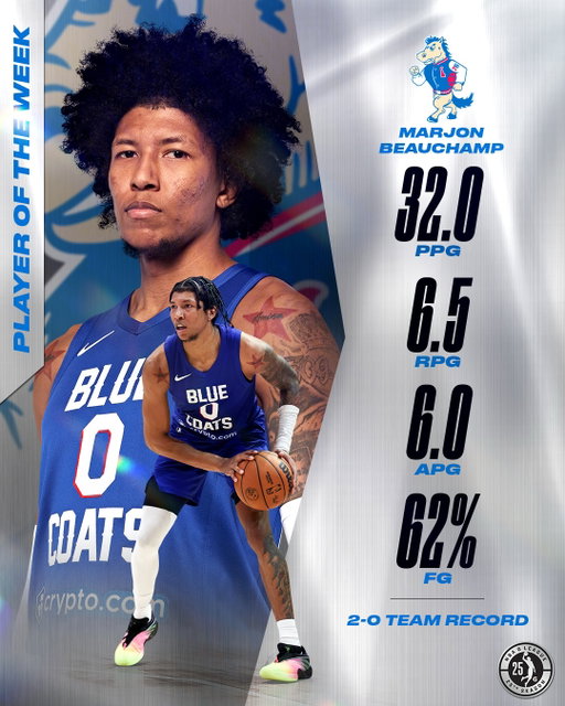 MarJon Beauchamp has been named the G League’s Player of the Week after putting up 32.0 PPG, 6.5 RPG, and 6.0 APG during a 2-0 stretch for the @delawarebluecoats! This includes a career-high 40 PTS in 25 MIN off the bench vs. Grand Rapids. ⭐️ @justmarjon