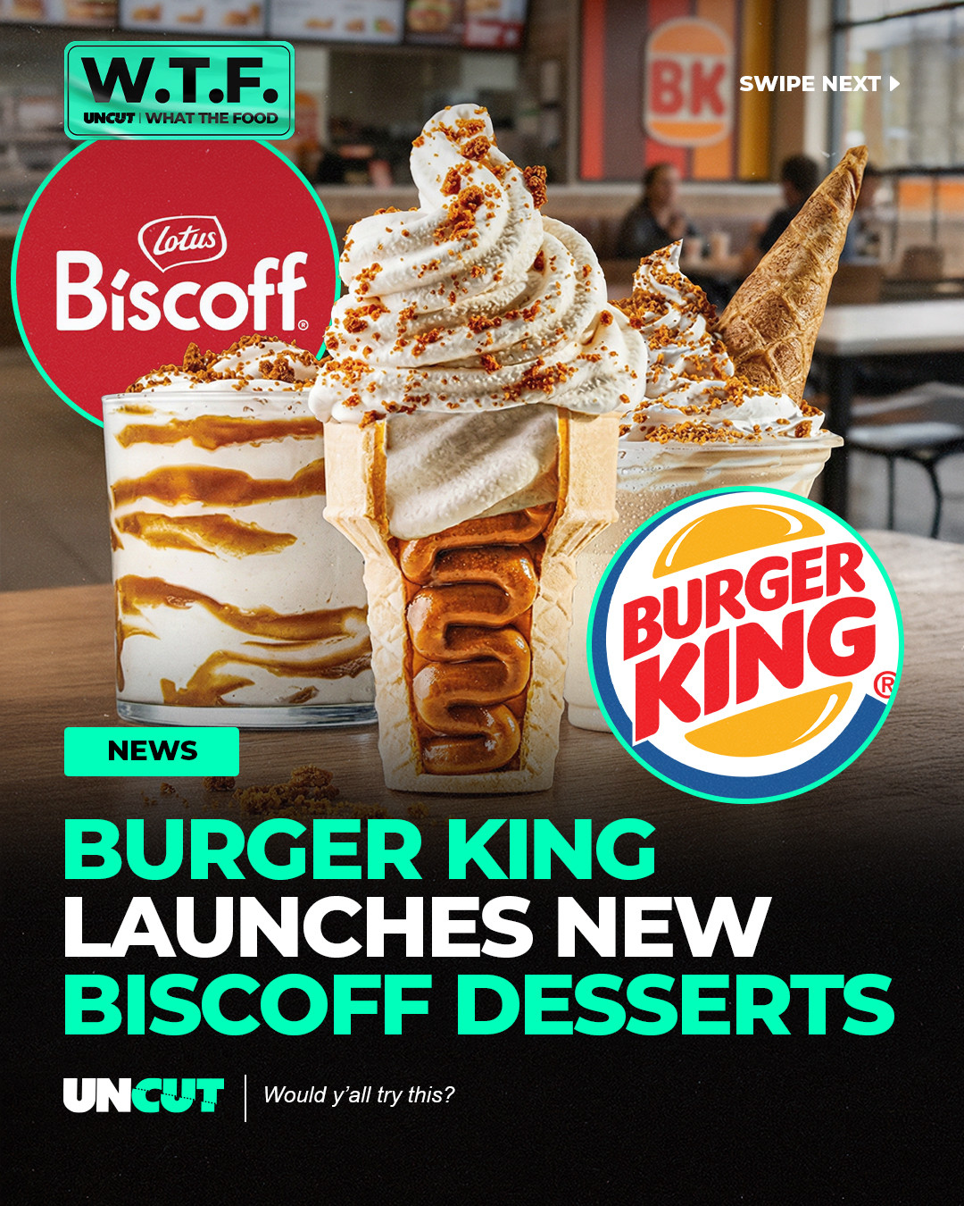 Burger King just dropped a Biscoff filled soft serve cone 🍦⁠
⁠
Burger King South Africa introduced a new Biscoff dessert lineup featuring a vanilla soft serve cone packed with gooey Biscoff filling inside and topped with crunchy cookie crumbs. They also rolled out a Biscoff King Fusion and a Biscoff King Shake for even more caramelized cookie flavor 👀⁠
⁠
Would y’all try this⁉️👀