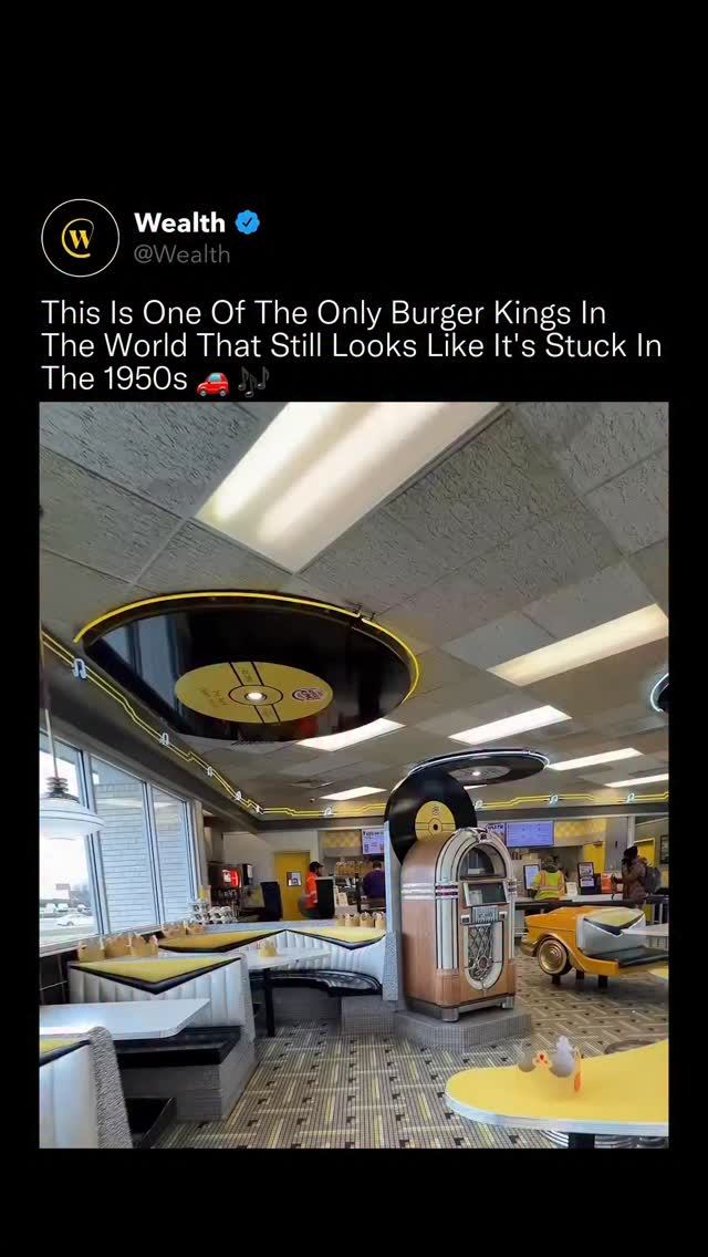 Most Burger Kings get remodeled every ten years. Whoever owns this one forgot for seven decades. 🎸 ✨

Located at 101 Routzhan's Way in Frederick, Maryland, this is one of the only Burger King locations in the world that still operates inside a full 1950s American diner.

A working jukebox sits at the center of the floor, branded with the Burger King logo on a 45 RPM label. Yellow neon traces every wall. Chrome stools, curved booths, mosaic tile floors, none of it has been updated.

Burger King has rebranded its restaurant design at least four times since the 1970s. Since then, we saw sleeker logos, modern interiors and digital menu boards. The chain has spent hundreds of millions ensuring every location feels current.

Somehow, this one in Frederick, Maryland never got the memo. Or more likely, someone decided the memo didn't apply to them. While every other location was being stripped and rebuilt, this franchise kept the jukebox, kept the Bel Air booth, kept the mosaic floors.

There are over 18,000 Burger King locations in the world. There is one that still looks like this.

Love Technology? Follow @Wealth 🌟

Media: @frederickcitymedia

#burgerking #retro #technology #design #americana